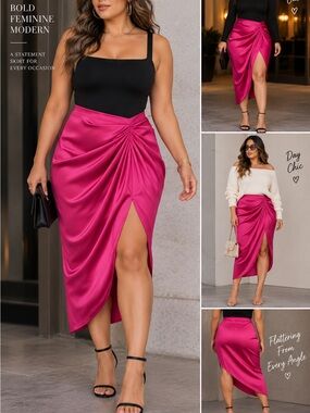 Satin Draped High-Low Skirt in Fuchsia